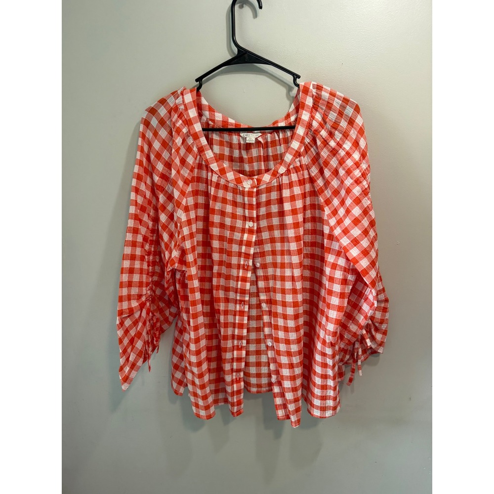 Cato Womens XL Red White‎ Gingham Check Button Down 3/4 Sleeve Blouse Tie Cuff